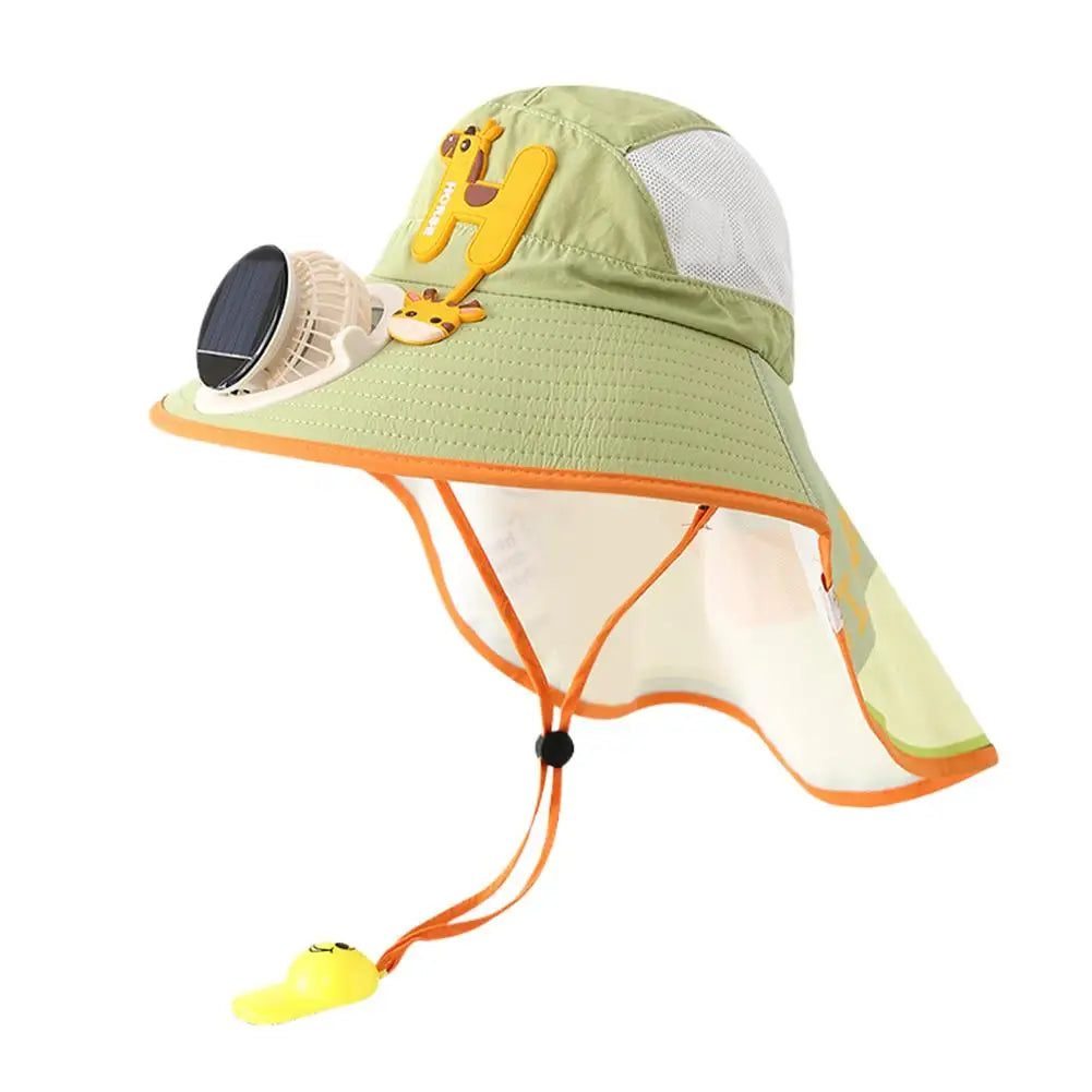 Kids Solar & USB Charging Fan Sun Hat Summer Breathable Mesh, Wide Brim UV Protection Sun Hat for Boys and Girls with Neck Cover Zpaxo Green