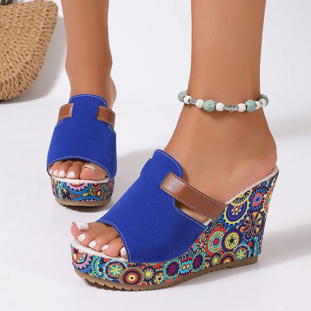 Summer Women Sandals Floral Print Wedge Heel Sandals Women Ethnic Style Chunky Platform Shoes Woman Thick Bottom Peep Toe Shoes Zpaxo