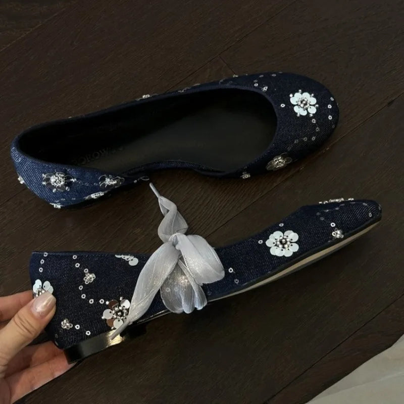Spring Autumn Women's Round Closed Toe Sequin Decoration Single Shoes Zpaxo