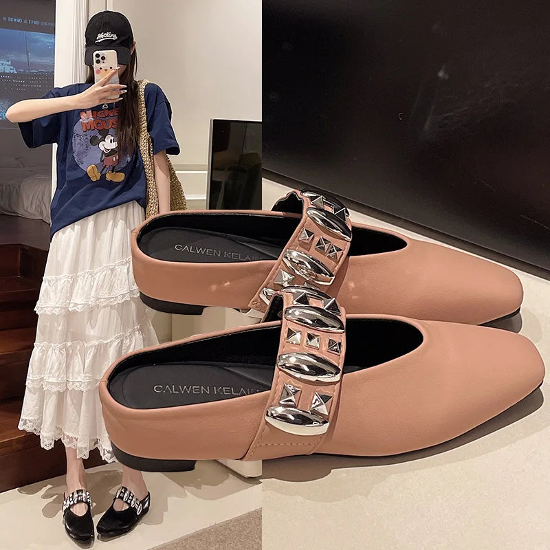 2025 Summer New French Style Elegant Baotou Slippers Women's Casual 1 Slip-on Metal Buckle Square Toe Fairy Style Women's Shoes Zpaxo