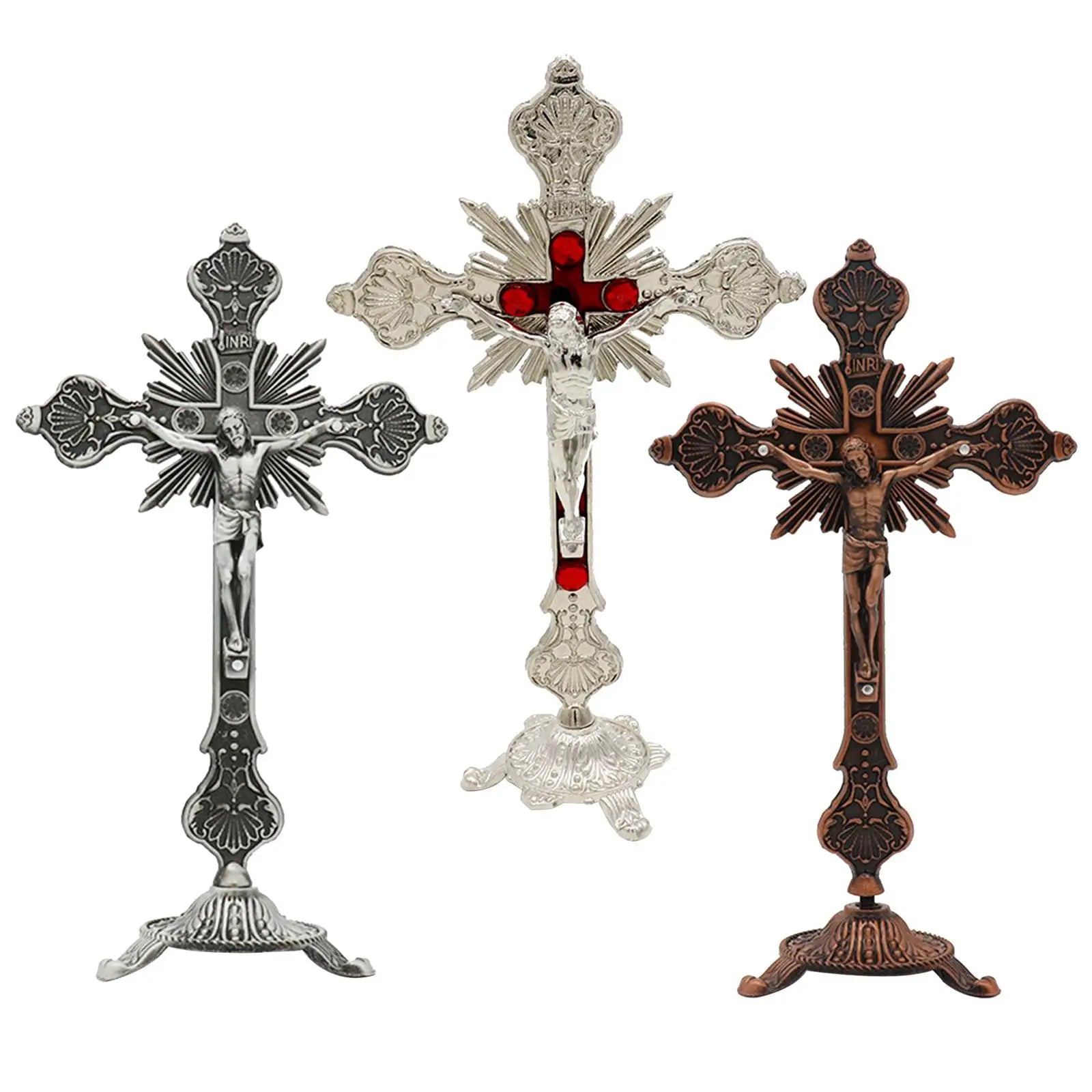 Standing Crucifix 10" Metal Jesus Cross with Tabletop Stand Religious Crucifix Decor Zpaxo