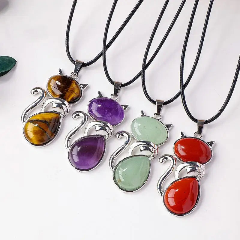 Natural Stone Cat Pendant – Amethyst, Tiger Eye & Crystal Crystal Pendant Necklace Zpaxo