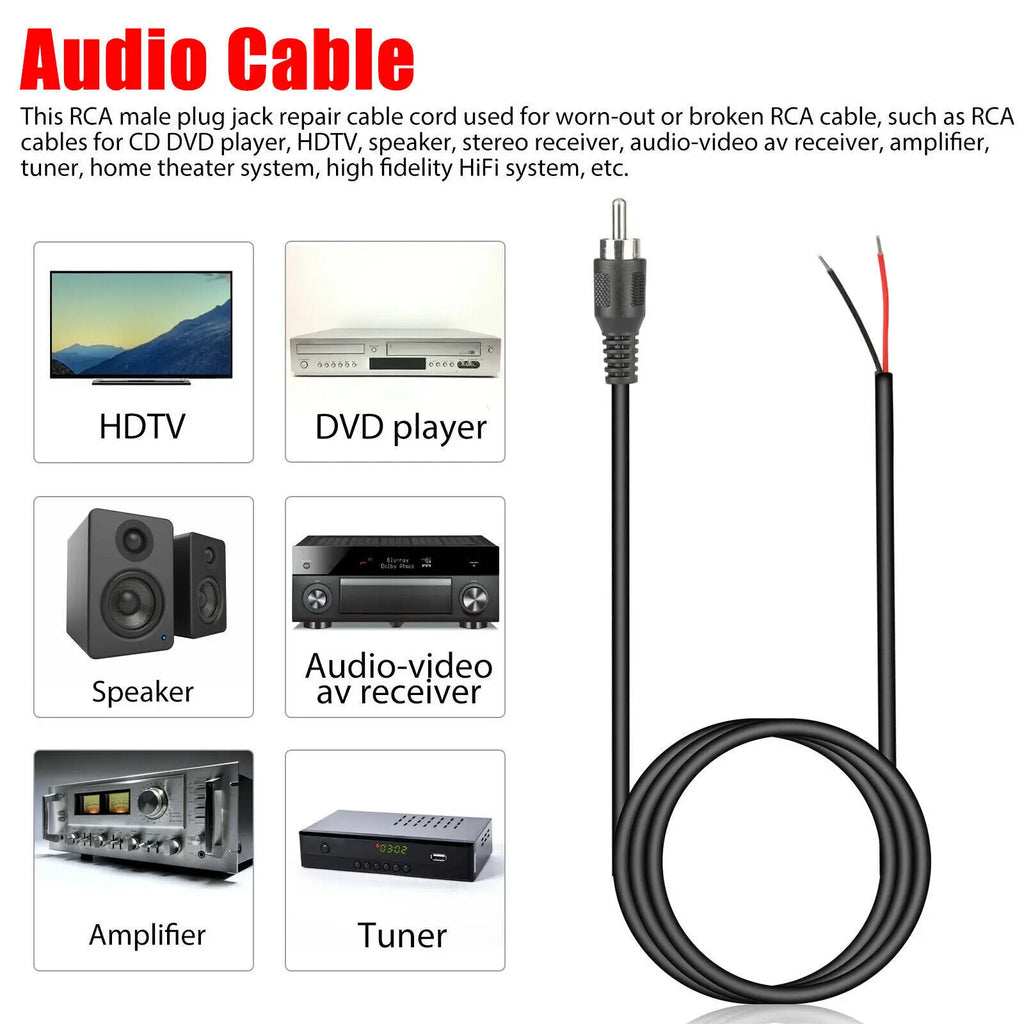 1m RCA Male Plug Bare Wire Open End Pigtail Audio Speaker Subwoofer
