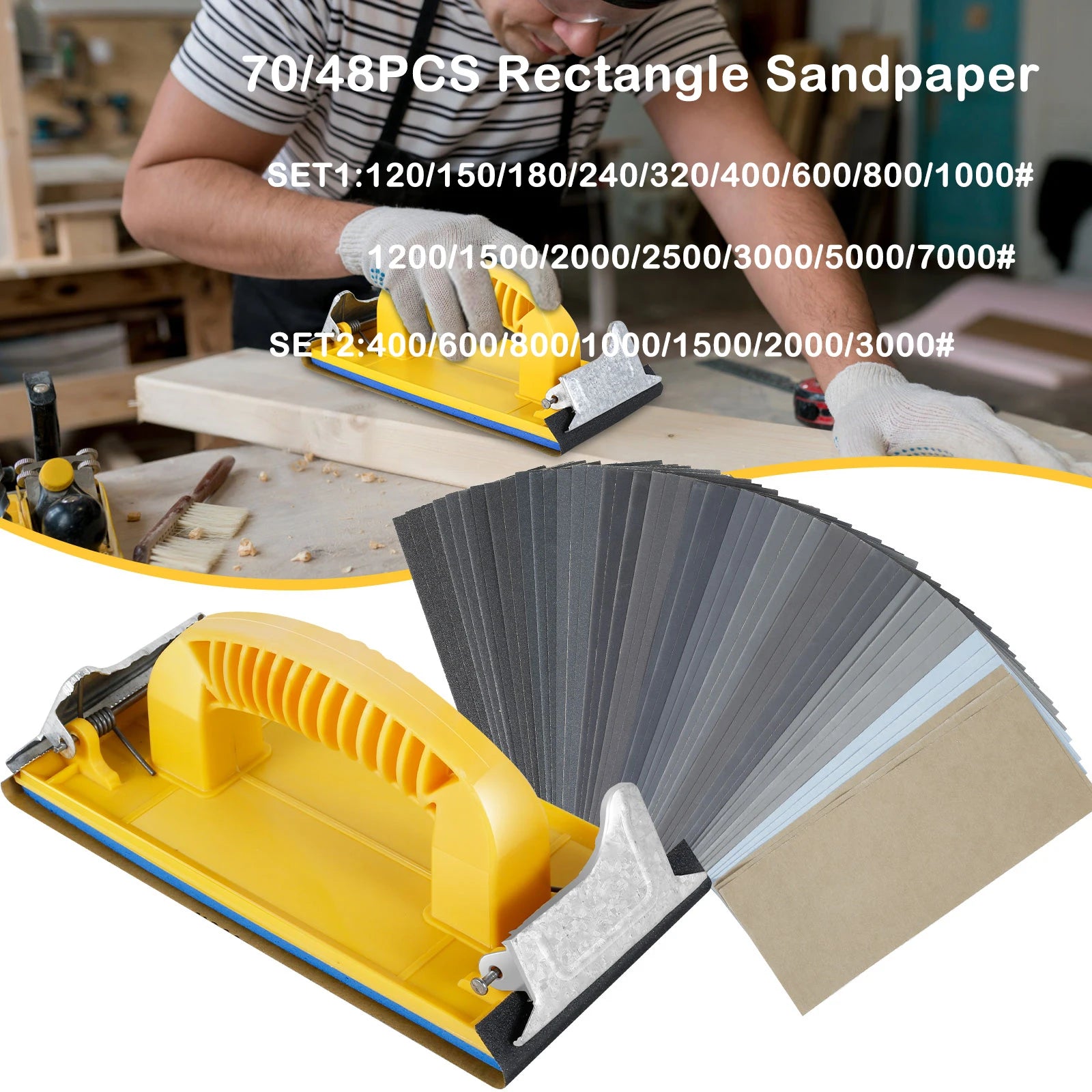70/48Pcs Rectangle Sandpaper 120-7000 Grit Multifunctional Sanding Sheet with Sanding Block Coarse & Fine Sandpaper Hand Sander Zpaxo