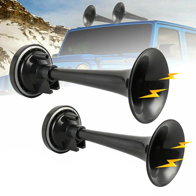 Black Air Horn Dual Trumpet Pump Pipe Car Truck Train Boat