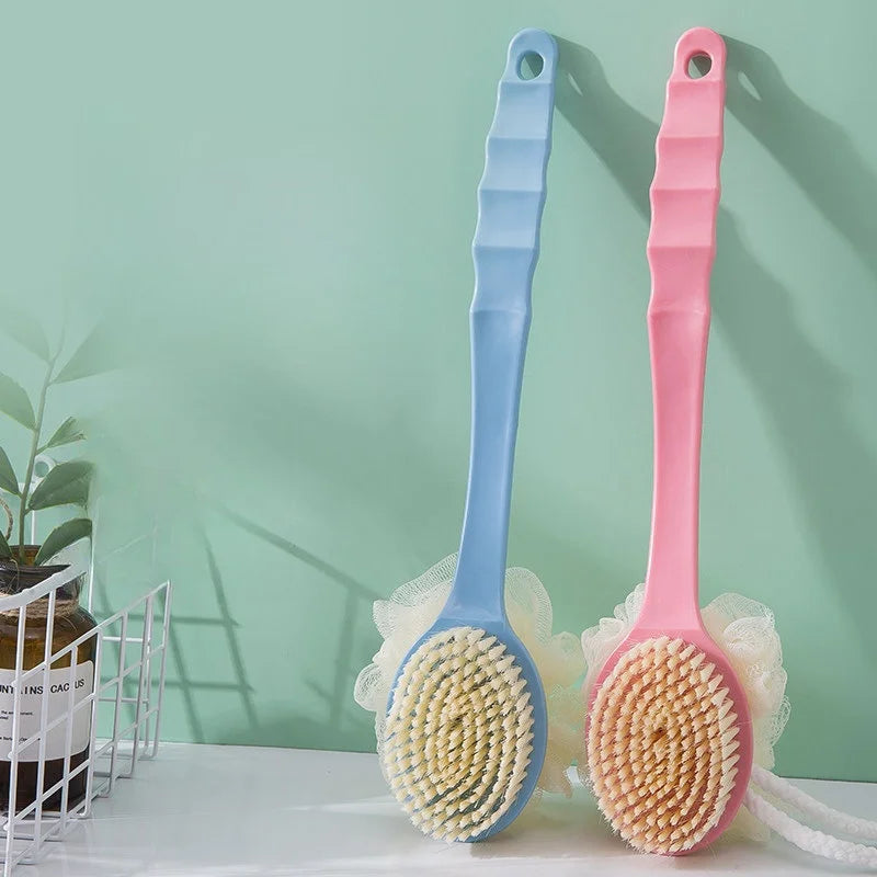 Dual-purpose long-handled bath brush with soft bristles for home use, with bath flower, for scrubbing back during bath Zpaxo