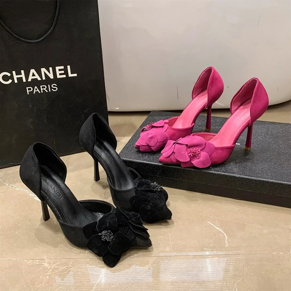 Spring New Women's Single Shoes Pointy Thin Heels with Flowers High Heels Female All-in-one Bag Head Hollow Fashion Shoes Zpaxo