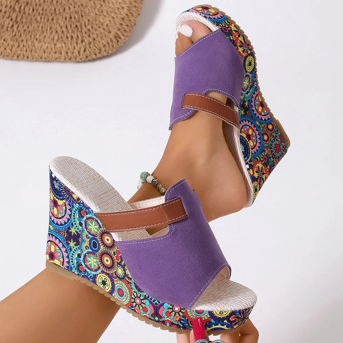 Summer Women Sandals Floral Print Wedge Heel Sandals Women Ethnic Style Chunky Platform Shoes Woman Thick Bottom Peep Toe Shoes Zpaxo