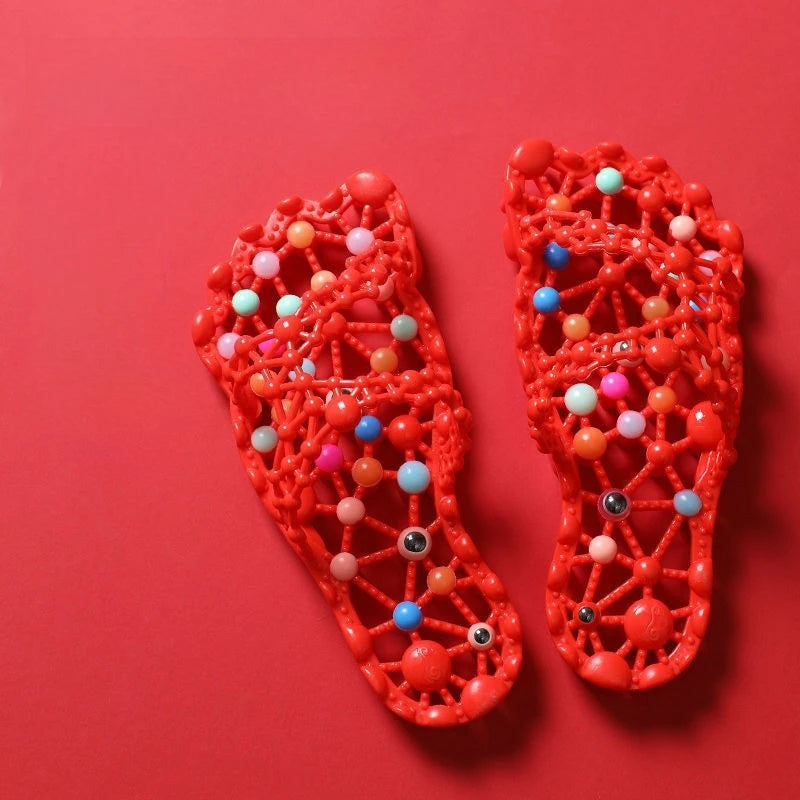 Bathroom summer slippers dormitory anti slip home indoor shower breathable women's hollow foot massage quick drying Zpaxo 41-42 Red slippers
