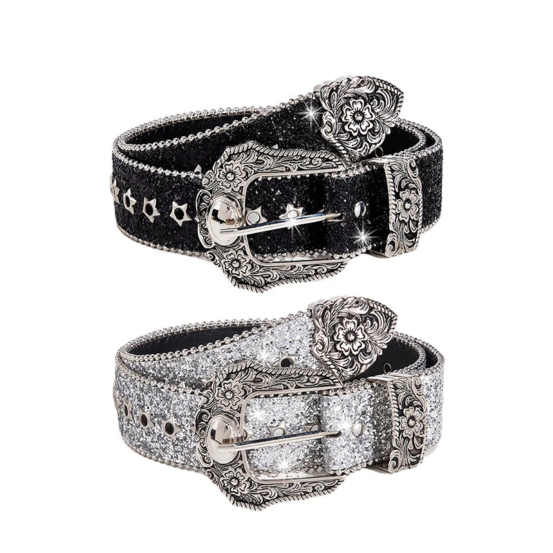 Eye-catching Rhinestone Gothic Belts Girls Western Cowboy PU Leather Zpaxo