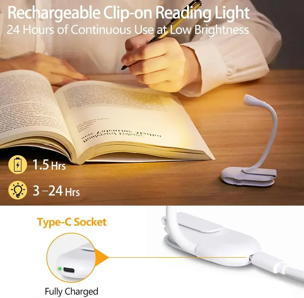 USB Rechargeable LED Clip Book Light – Dimmable Reading Lamp