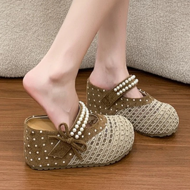 Round Closed Toe Women's Summer Bow Pearl Embellishment Wedge Heel Zpaxo