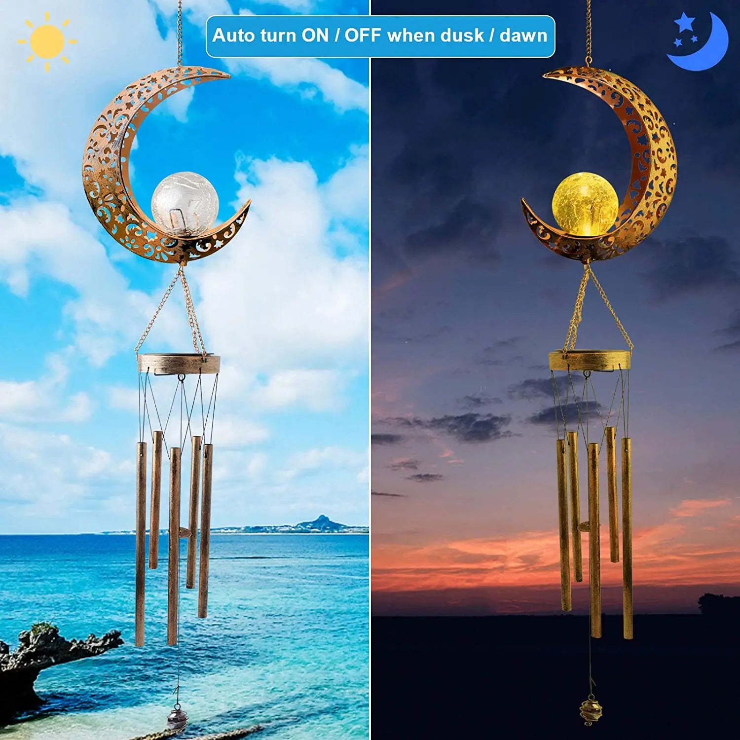 Outdoor Solar Wind Chime Waterproof Cracked Glass Ball Dark Tone Sun Zpaxo