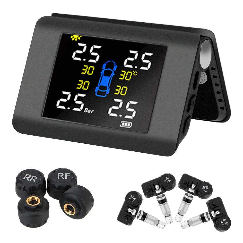 LED Display 4 External Built-in Sensors Solar Power TPMS Car Tire