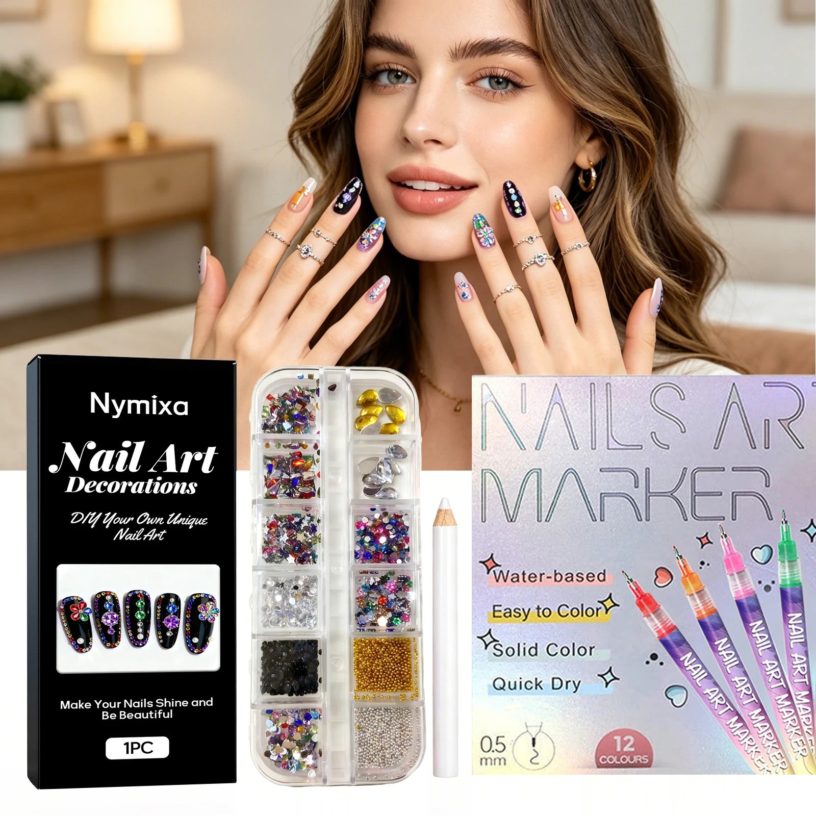 Nymixa 12-Grid Rhinestone & 12-Color DIY Nail Art Kit Nail Art Kit Zpaxo