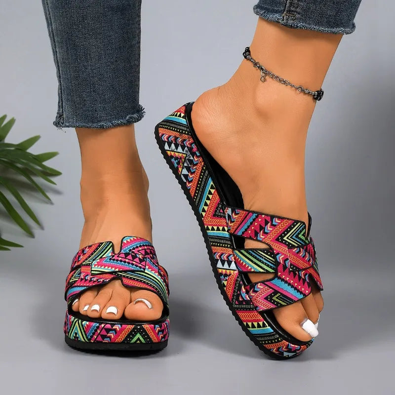 Summer Women's Open Toe Colorful Printed Platform Slippers Zpaxo