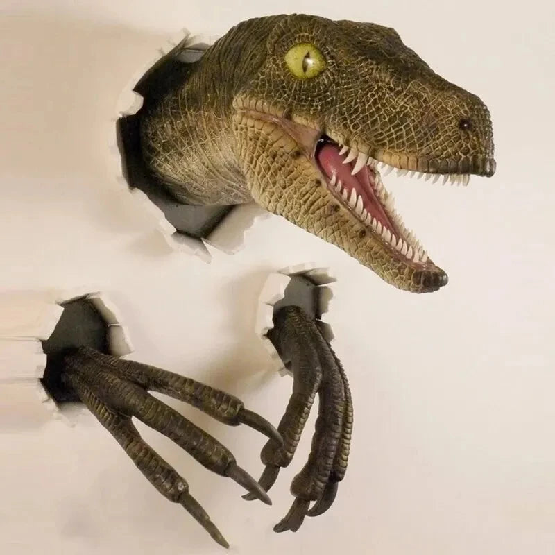 3D Broken Wall Dinosaur Head Decor Realistic Velociraptor Mount