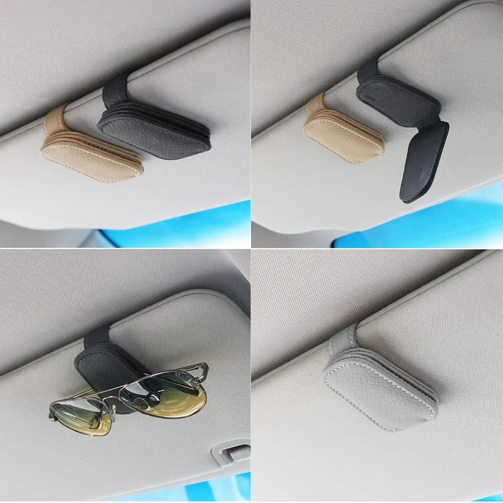 Car Sun Visor Clip Glasses Bracket Holder Pu Leather Cards Case Auto