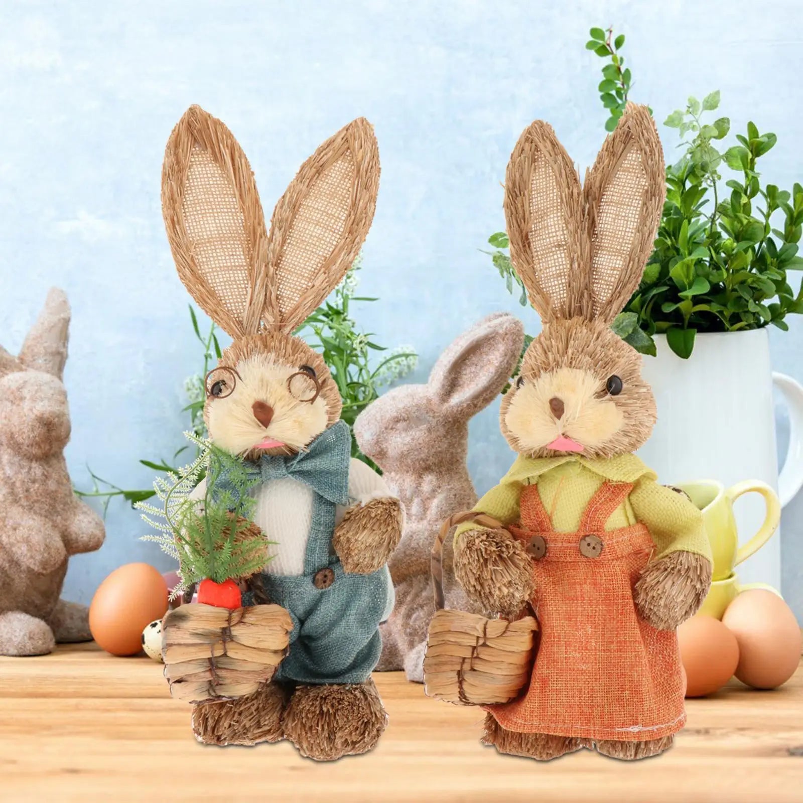 2x Artificial Straw Rabbit Souvenir Bunny Figurine Easter Straw Bunny Ornaments for Easter Holiday Party Household Decoration Zpaxo style B