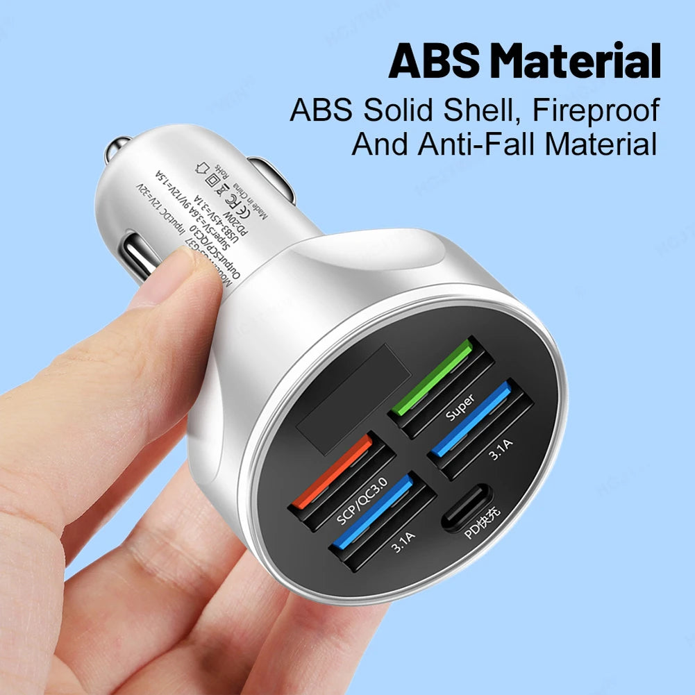 250W 5 Ports Car Charger Fast Charging PD QC3.0 USB C Car Phone Charger Type C Adapter in Car For IPhone Samsung Huawei Xiaomi Zpaxo