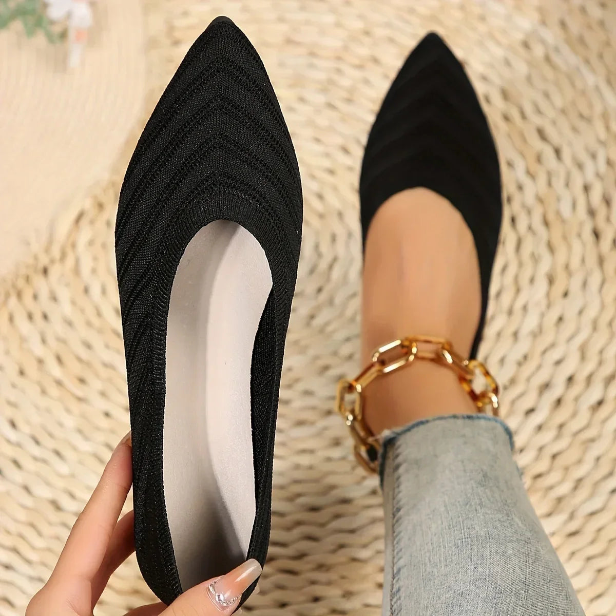 Women's Pointed Toe Flat Shoes Solid Knitted Slip Casual Breathable Zpaxo Black 43