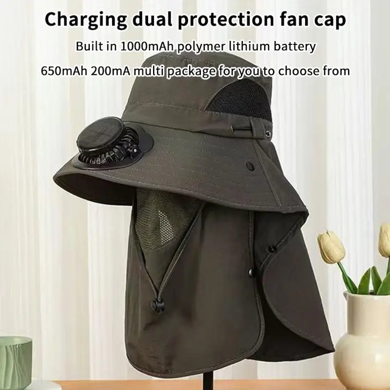 Men's Solar Fan Fishing Hat USB Rechargeable UV Wide Brim