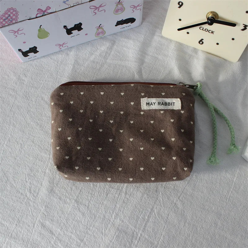 Korean Canvas Coin Purse – Polka Dot & Heart Mini Zipper Pouch Canvas Coin Purse Zpaxo F
