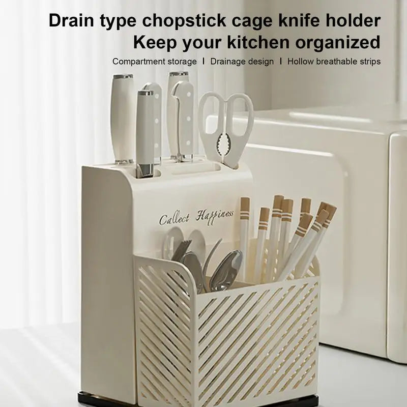 Kitchen Countertop Cutlery Holder Kitchen Utensil Organizer Rack Knife Holder Fork Spoon Chopsticks Tube With Drain Zpaxo