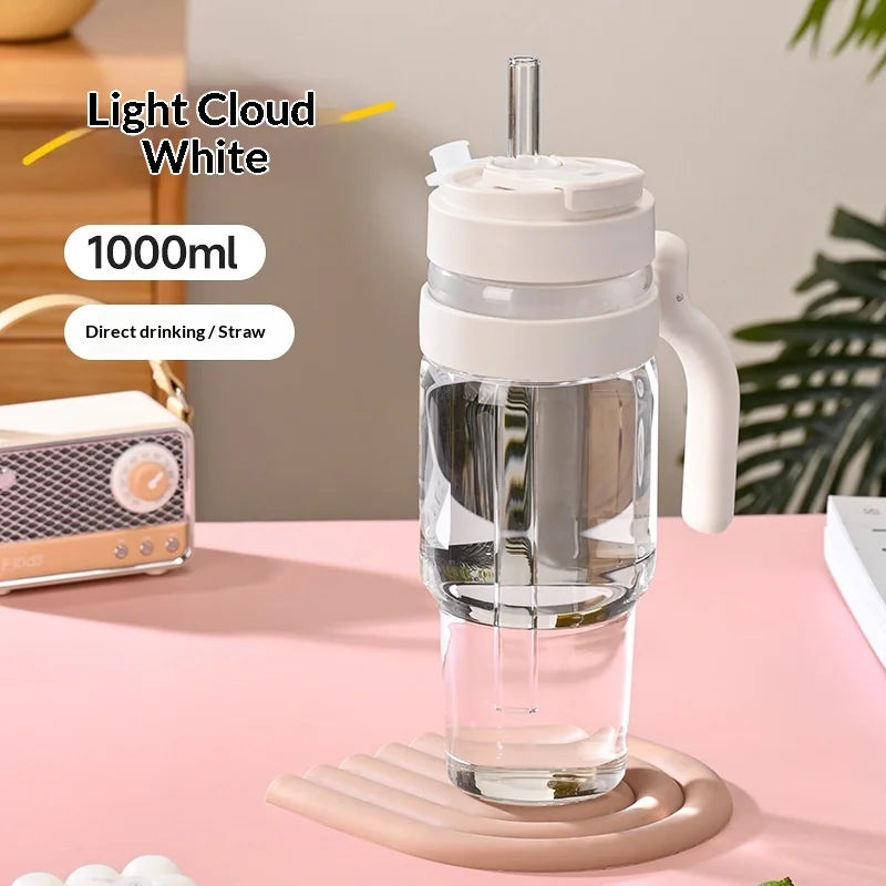 2026 New 1000ml Cross Border Popular Large Capacity Flower Tea Cup, Straw Glass Cup, High Borosilicate Car Ice Cream Cup Zpaxo White