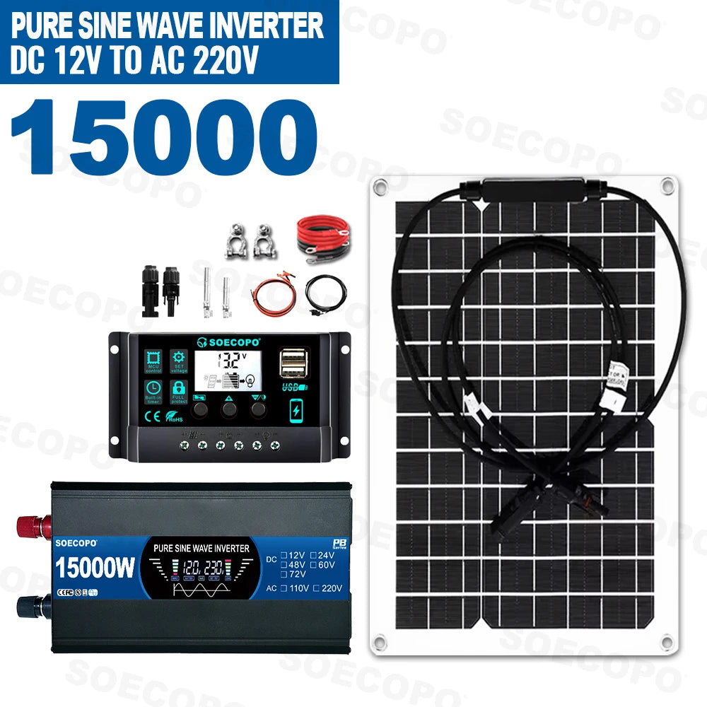 All-in-One Pure Sine Wave Complete Solar Kit 15000W Inverter(1200W Rate) Flexible Solar |100A Controller for RV/Boat/Home Zpaxo 220V Solar Kit