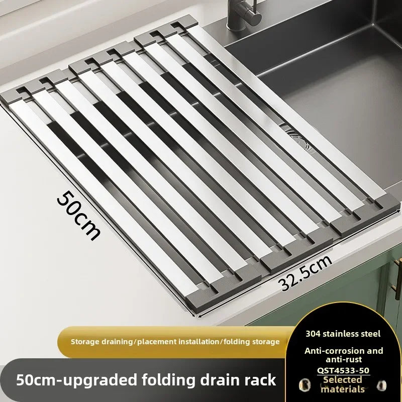 304 Stainless Steel Kitchen Sink Drain Rack Sink Bowl and Dish Storage Rack Foldable and Retractable Drain Basket Placema Zpaxo 50x32.5cm