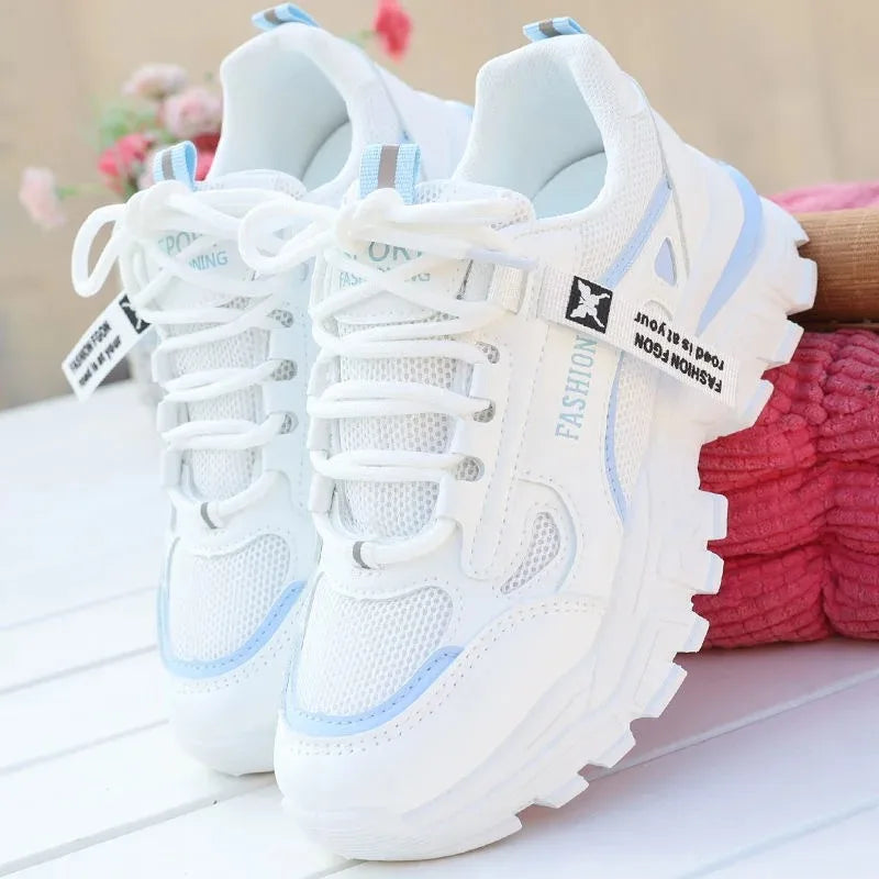 Women Sneakers Breath Thick Bottom Lightweight Sports Shoes 2025 New Lace-up Wedge Sneakers Women Comfortable Leisure Shoes Zpaxo