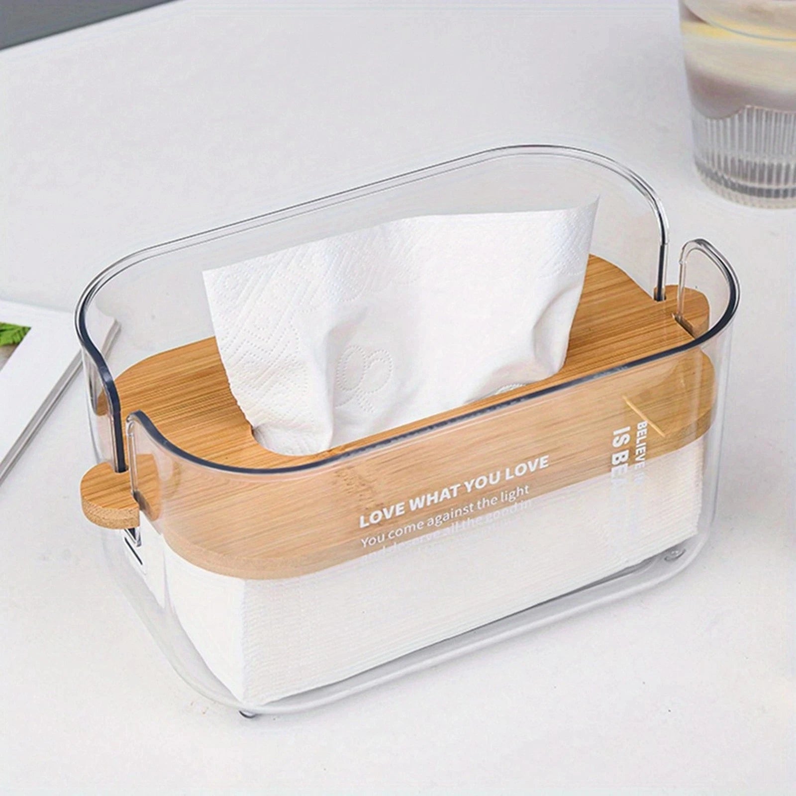 Nordic Transparent Tissue Box with Bamboo Lid | Minimalist