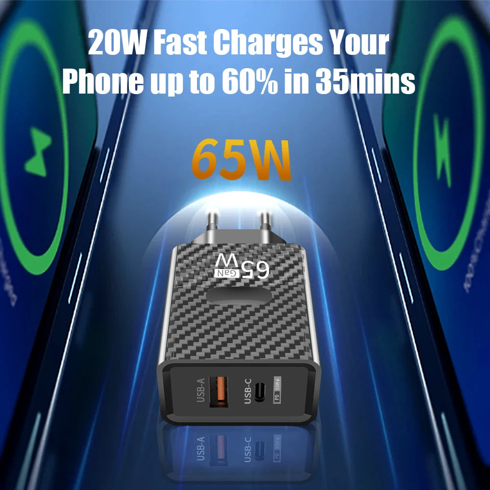 65W GaN USB-C Fast Charger QC3.0 PD Wall Adapter USB-C Wall Charger Zpaxo
