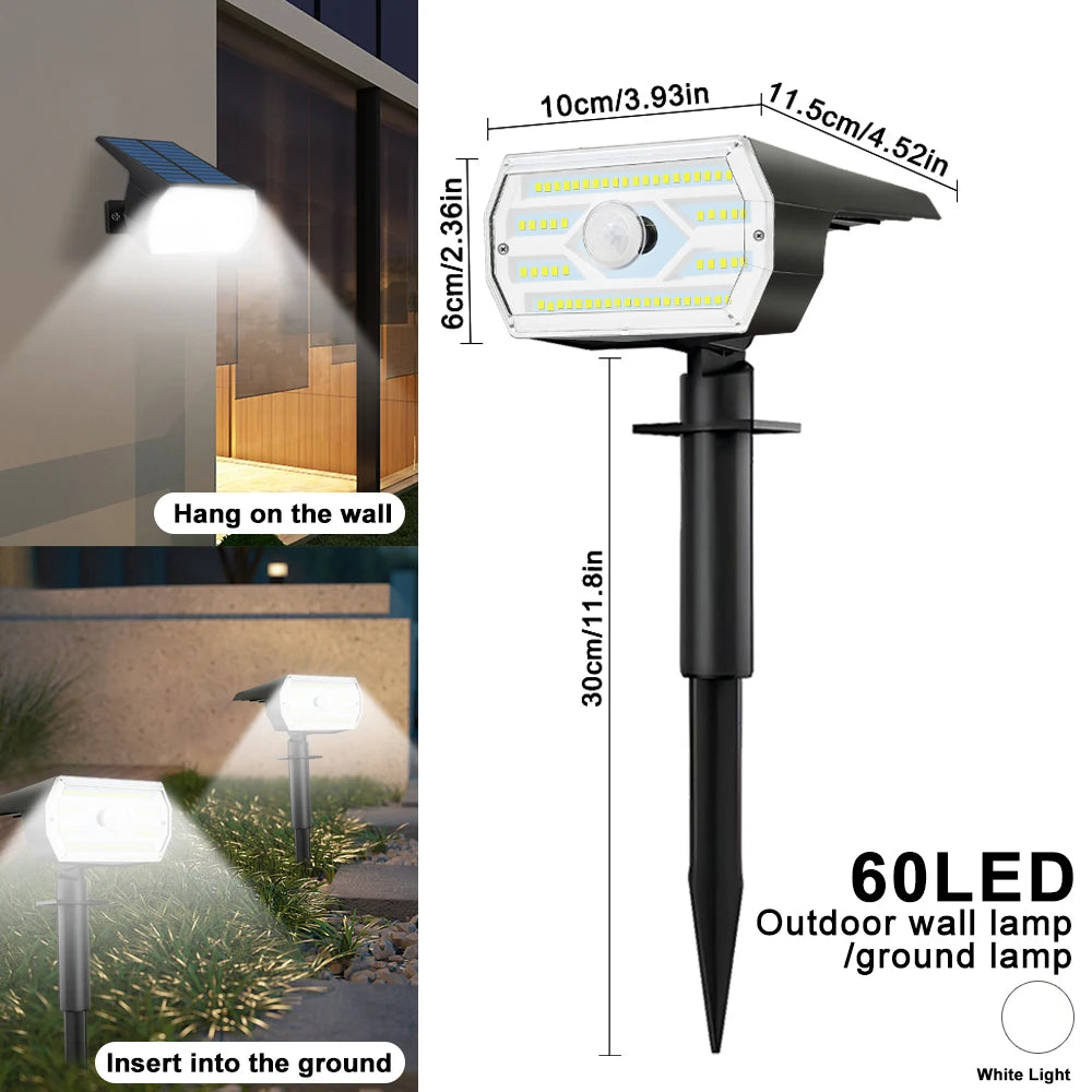 Solar Spot Lights Outdoor Motion Sensor 56/60LEDS Solar Landscape Spotlights 3 Modes Waterproof Wall Lamp Yard Driveway Walkway Zpaxo 60 LED White Light 1pc