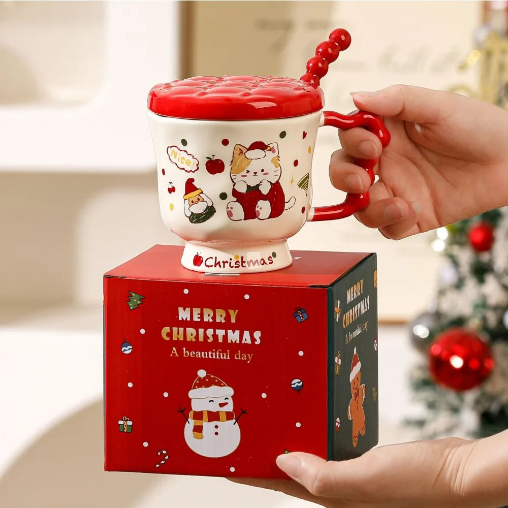 Christmas Cat Appearance Level Mark Ceramic Water Cup Lid Spoon Cute