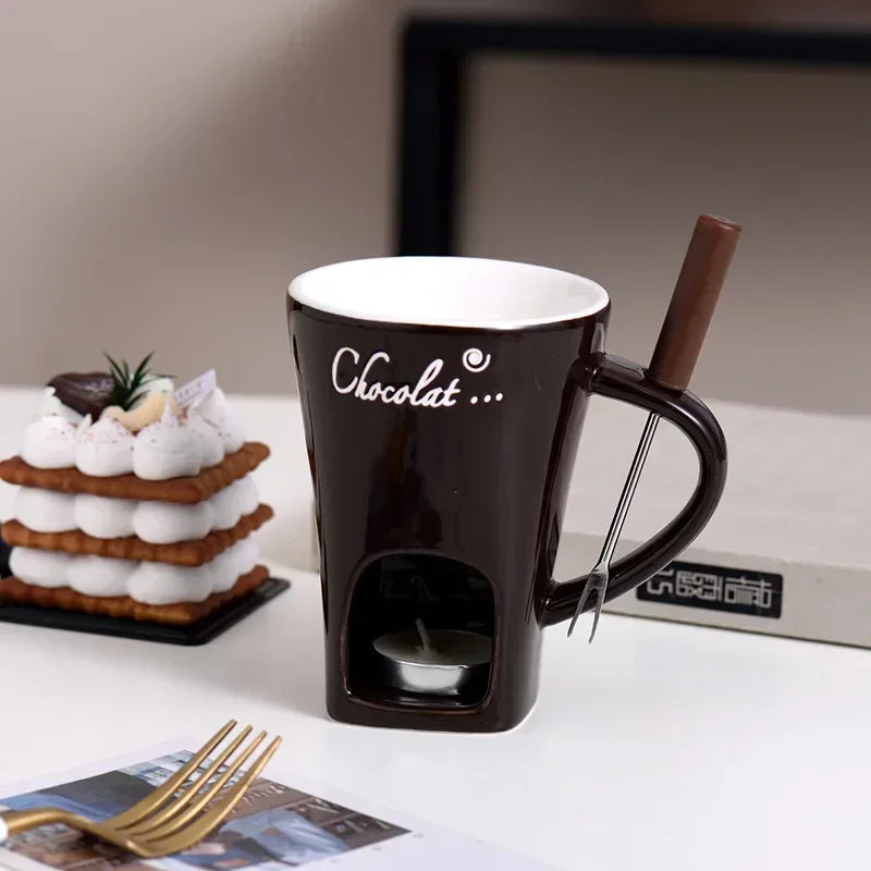 Ceramic Chocolate Melting Mug Set – Chafing Cup with Candle & Fork Ceramic Chocolate Mug Set Zpaxo 301-400ml Black - C