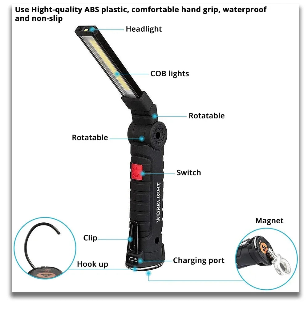 Rechargeable COB LED Work Light – 5 Modes, Magnet & Hook