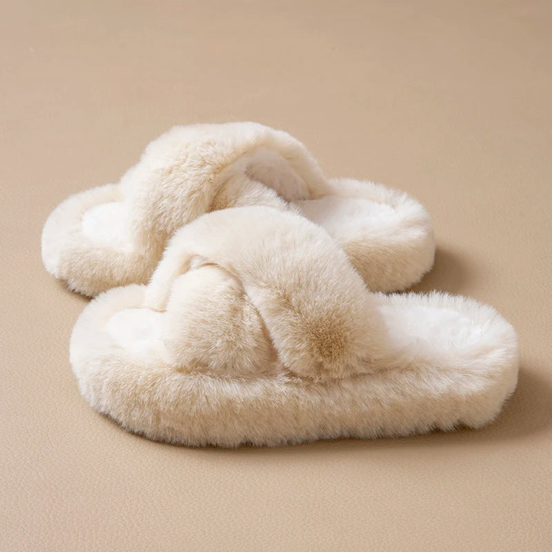 Cross Warm Fluffy Furry Slippers Women Lightweight Flat Heels Fur