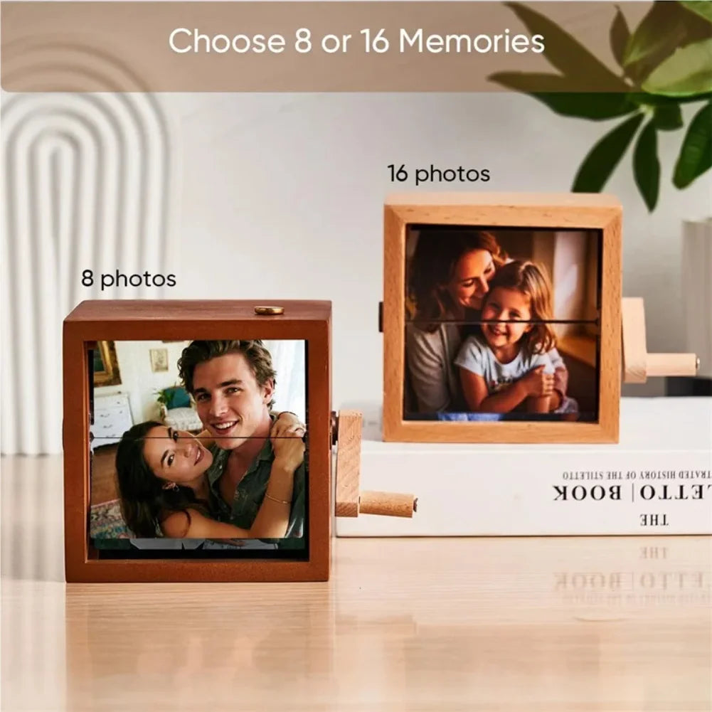 Custom Photo Flip Book Frame Photo Animation Box Hand-cranked Photo Album Wooden Rotating Memory Box with Light Gift Zpaxo