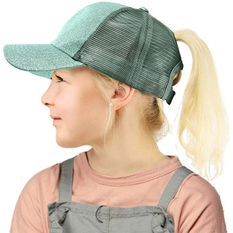 Kids Sequin Ponytail Baseball Cap – Large Brim Sun Hat