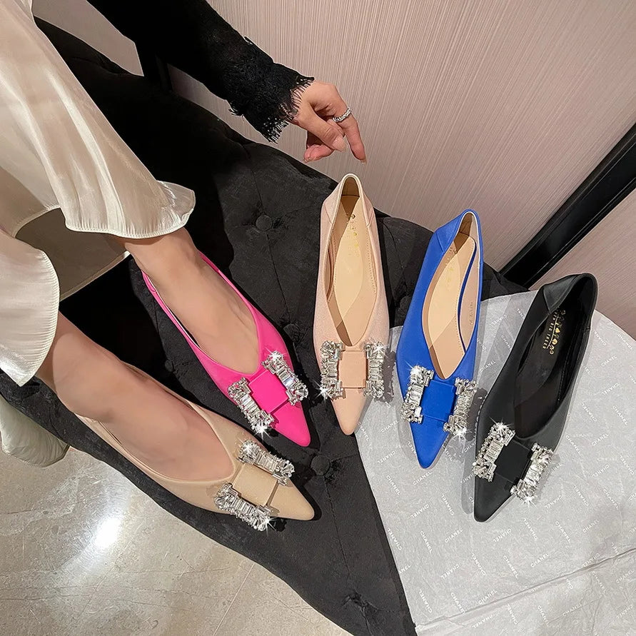 Flat Shoes for Women Spring and Autumn 2025 New Pointed Toe Metal Rhinestone Buckle and Satin Mouth Flat Heel for Women Zpaxo