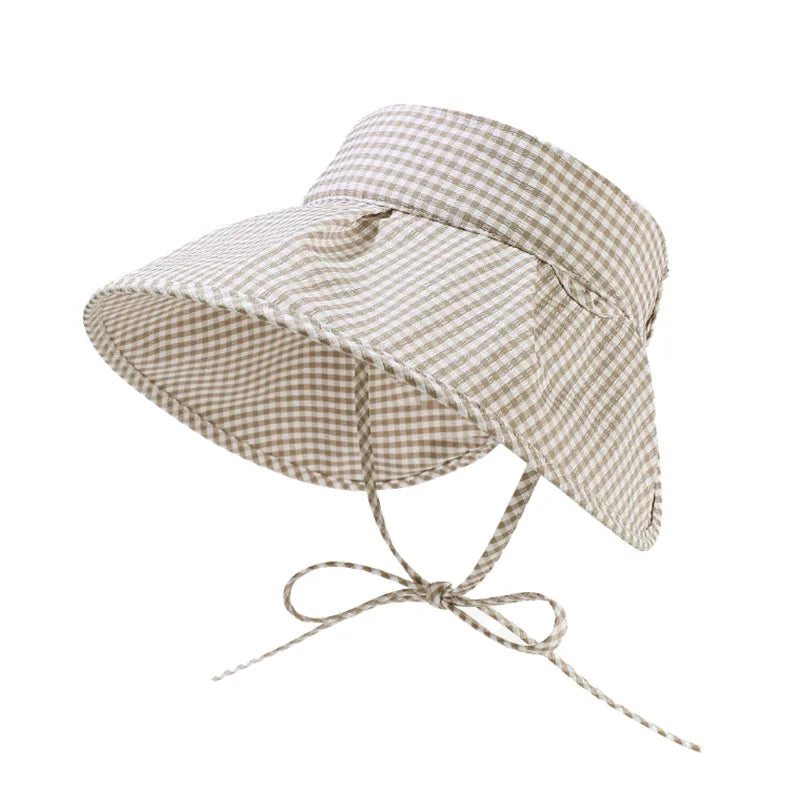 Butterfly knot checkered fisherman hat women's summer small fresh travel sun hat big brim to show face small sun hat Zpaxo khaki visor cap
