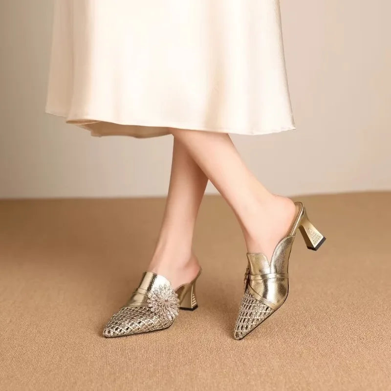 Pointed Closed Toe Weaving Hollow Out Breathable Rhinestone Flower Zpaxo Gold 39