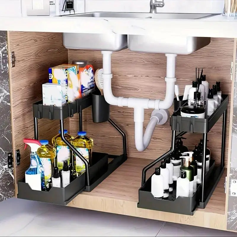 2-Tier Pull-Out Storage Drawers - Heavy-Duty Space Saving Organizer for Kitchen & Bathroom Essentials Bathroom Essentials Zpaxo