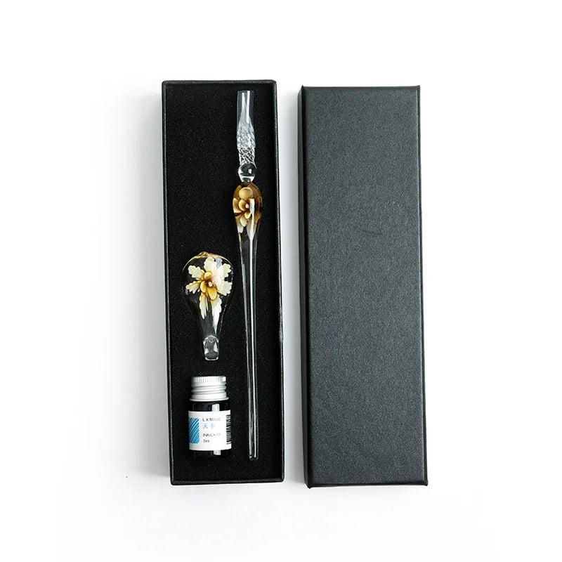 Flower Crystal Glass Dip Pen Set – Elegant Gift for Writers