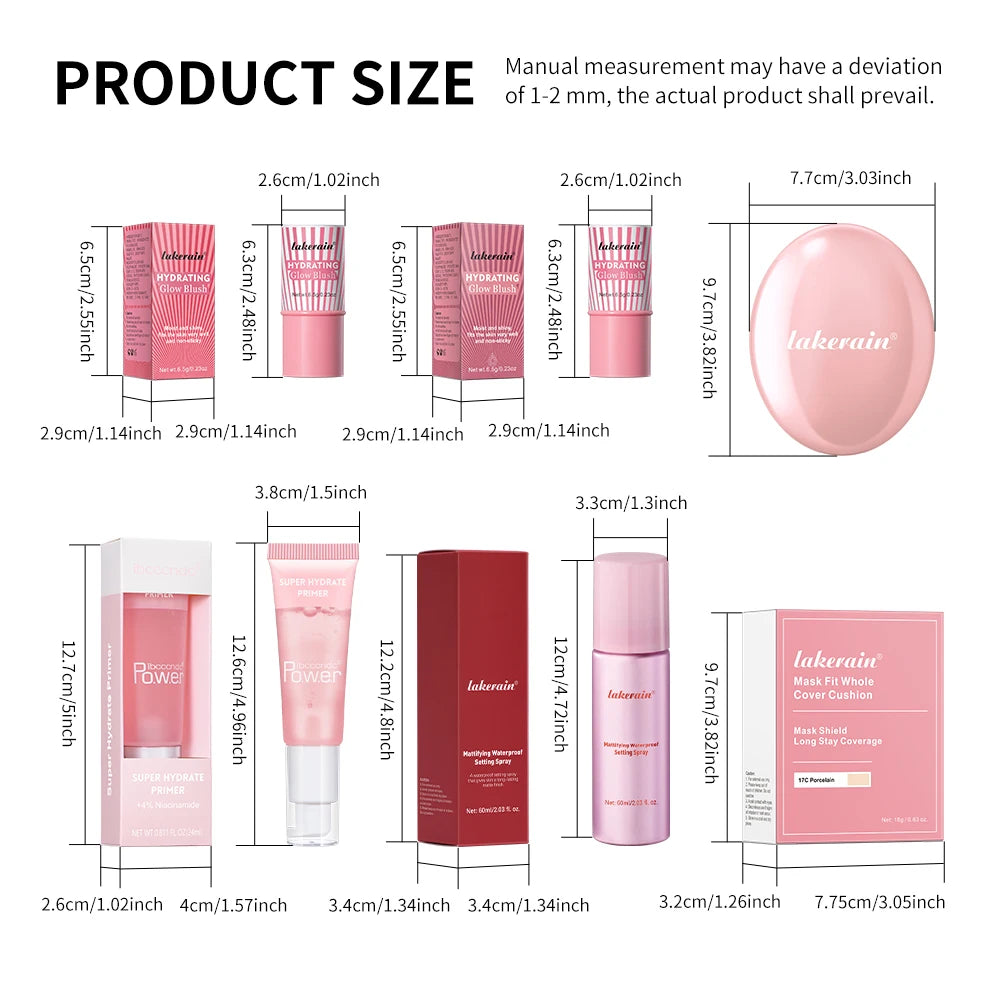 Pink Makeup Set Primer Setting Spray Include Air Cushion Foundation Base MakeupLipstick 5pcs/set Blush Hold Cosmetics Kit Zpaxo