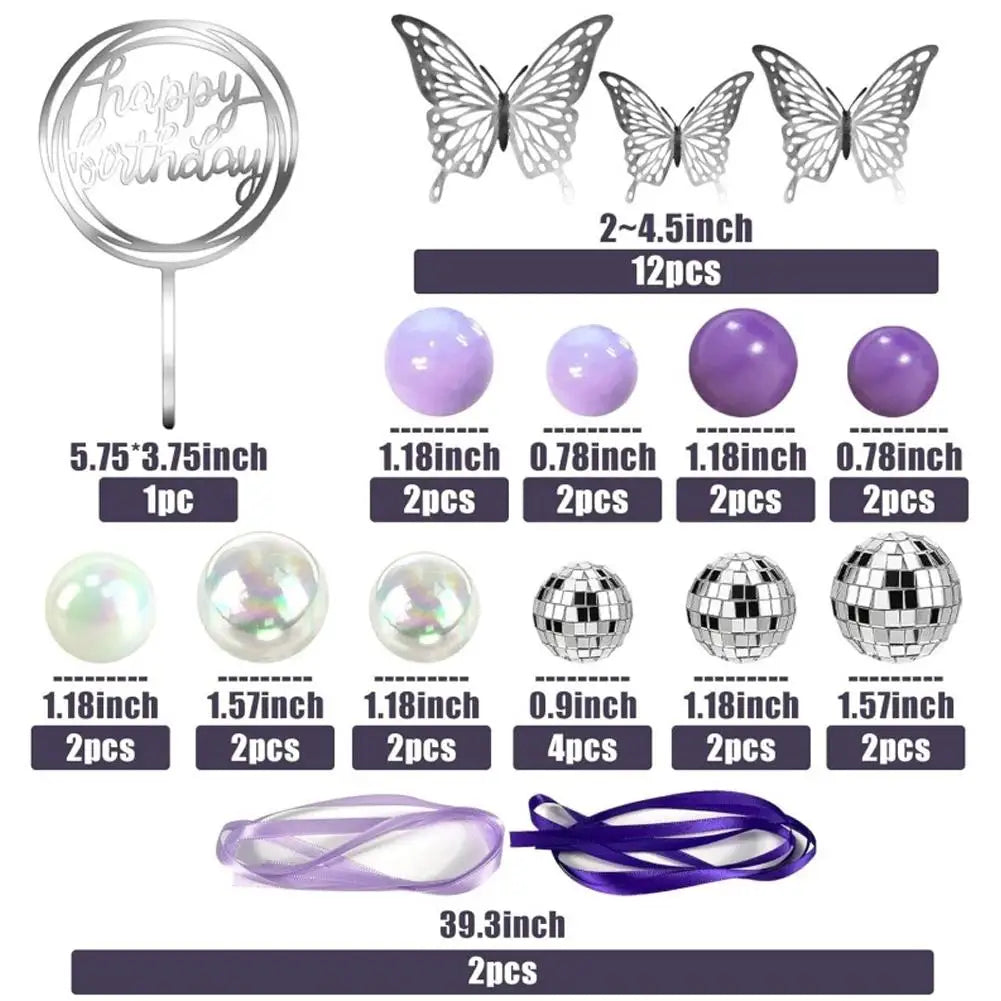 Disco Dance Music Birthd Disco Ball Cake Topper Purple and Transparent Pearl Balls Decorations with Silver Butterfly for 70s 80s Zpaxo