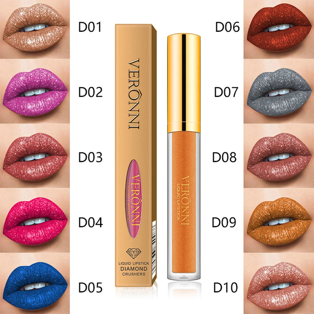Waterproof 10 Colors Sexy Glitter Diamond Lip Gloss Shimmer Matte Liquid Lipstick LongLasting Lip Makeup Non-stick Cup cosmetics Zpaxo