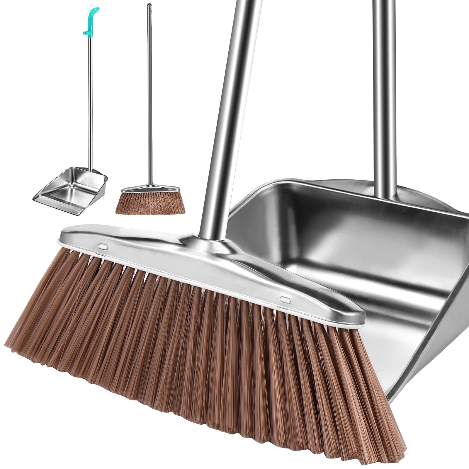 Broom and Dustpan Set Long Handle Upright Stainless Steel Dustpan Broom Set Portable Household Cleaning Tools for Home Office Zpaxo B-Square